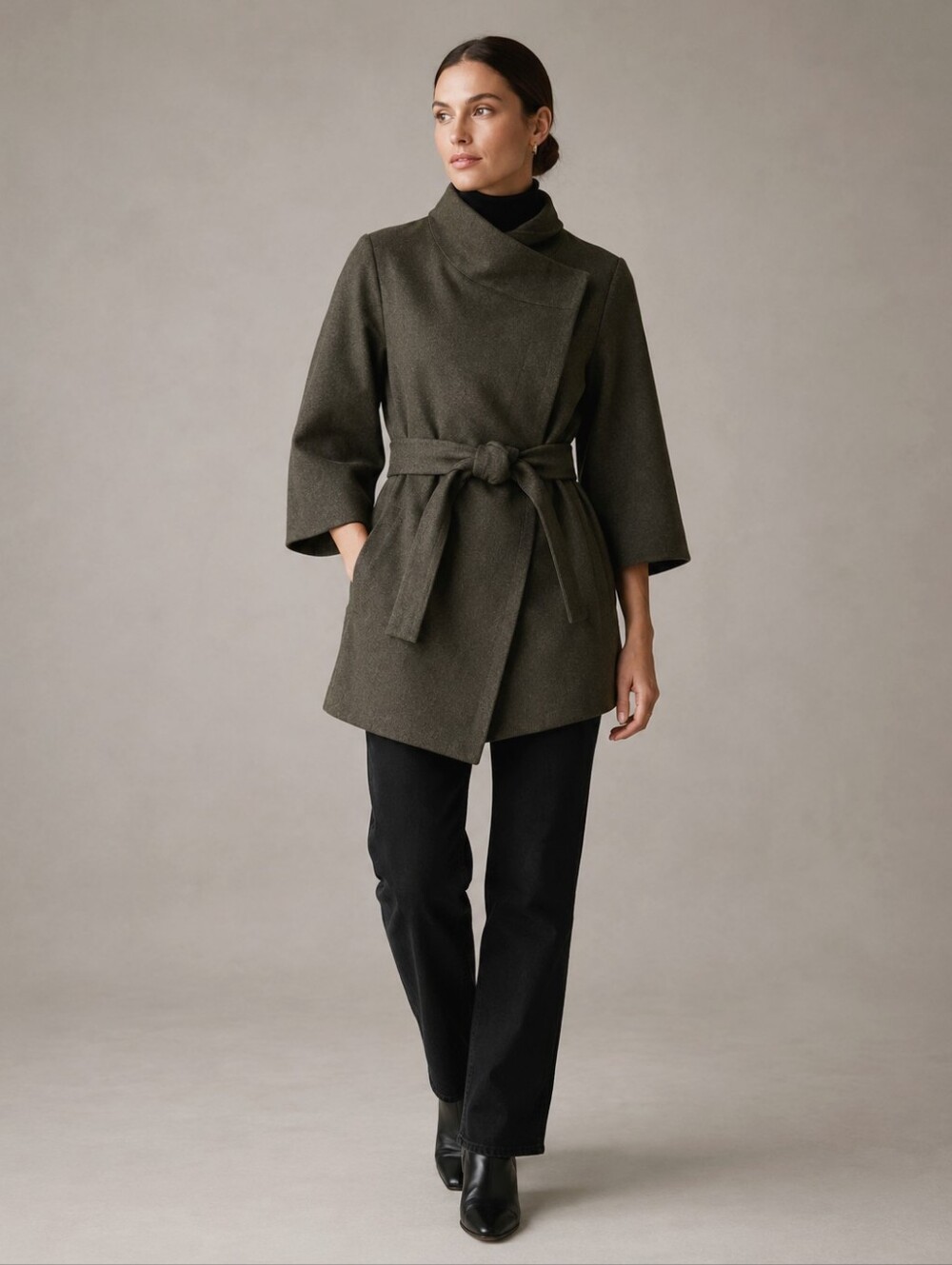 Minimalist Olive Wool Blend Wrap Coat Jacket Small
